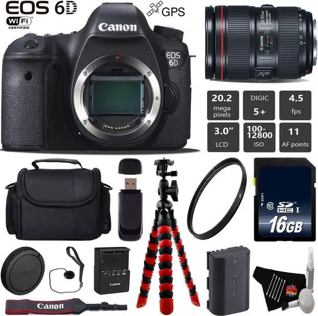 Main image of Canon EOS 6D DSLR Camera with 24-105mm f/4L II Lens + Wireless Remote + Tripod + UV Protection Filter + Case + Wrist Strap + Card Reader - Intl Model