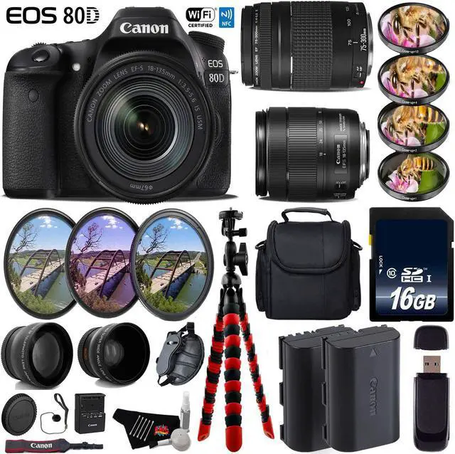 Main image of Canon EOS 80D DSLR Camera & 18-135mm is STM Lens & 75-300mm III Lens + UV FLD CPL Filter Kit + 4 PC Macro Kit + Wide Angle & Telephoto Lens + Case + Tripod + Card Reader - Intl Model