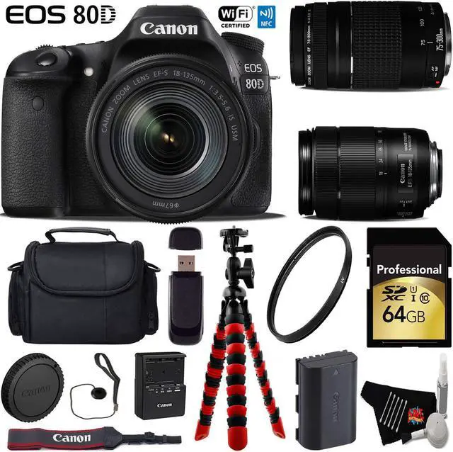 Main image of Canon EOS 80D DSLR Camera with 18-135mm is STM Lens & 75-300mm III Lens + Professional Case + Flexible Tripod + UV Protection Filter + Card Reader - Intl Model