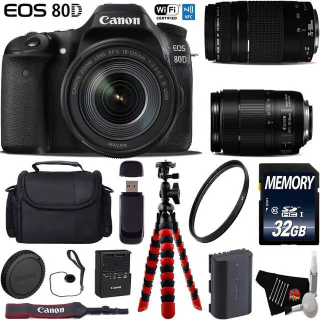 Main image of Canon EOS 80D DSLR Camera with 18-135mm is STM Lens & 75-300mm III Lens + UV Protection Filter + Flexible Tripod + Professional Case + Card Reader - Intl Model