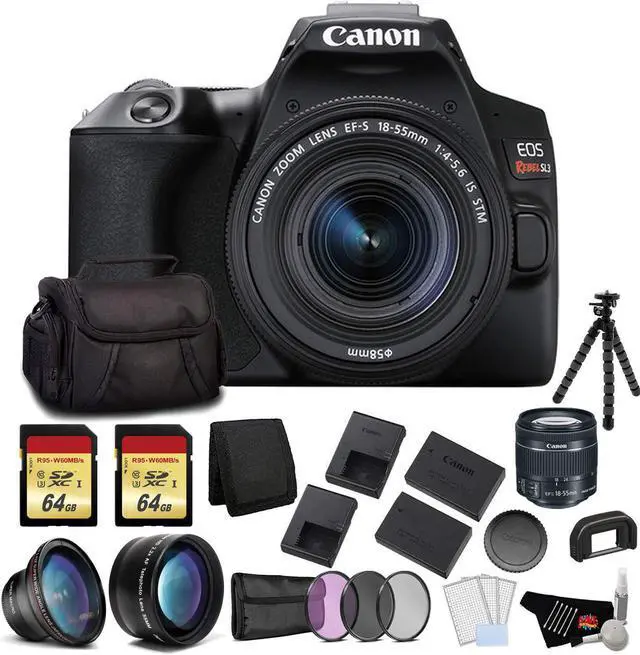 Main image of Canon EOS Rebel SL3 DSLR Camera with 18-55mm Lens (Black) Bundle with 2x64GB Memory Card + Battery for CanonLPE17 + LCD Screen Protectors +Wide Angle Lens + 2x Telephoto Lens +Tripod and MORE