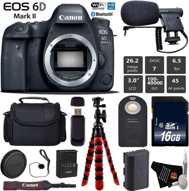 Main image of Canon EOS 6D Mark II DSLR Camera (Body Only) + Tripod + Wireless Remote + Condenser Microphone + Case + Wrist Strap + Card Reader - Intl Model