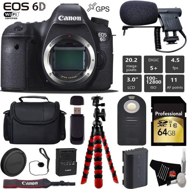 Main image of Canon EOS 6D DSLR Camera (Body Only) + Wireless Remote + Condenser Microphone + Case + Wrist Strap + Tripod + Card Reader