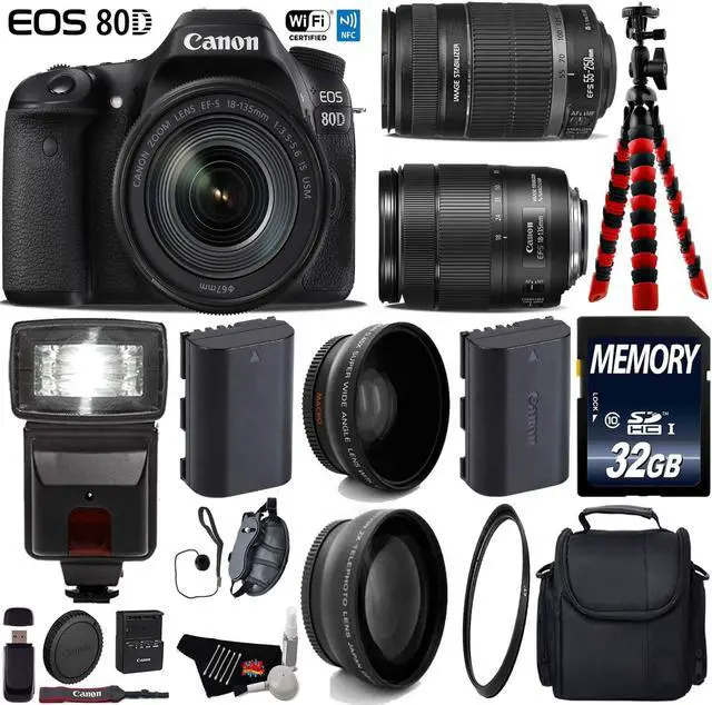 Main image of Canon EOS 80D DSLR Camera with 18-135mm is STM Lens & 55-250mm is II Lens + Case + Flash + UV FLD CPL Filter Kit + Wide Angle & Telephoto Lens + Tripod + Card Reader - Intl Model