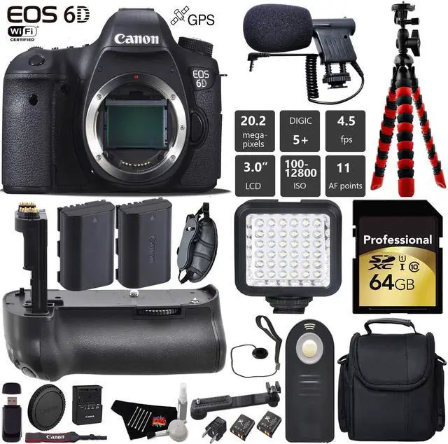 Main image of Canon EOS 6D DSLR Camera (Body Only) + Professional Battery Grip + Condenser Microphone + LED Kit + Extra Battery + Case + Wrist Strap + Tripod + Card Reader
