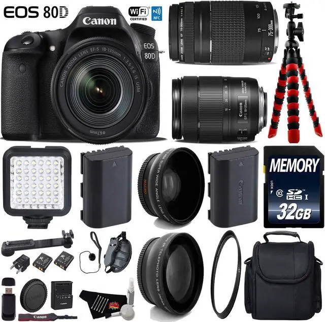 Main image of Canon EOS 80D DSLR Camera with 18-135mm is STM Lens & 75-300mm III Lens + Camera Case + LED + UV FLD CPL Filter Kit + Wide Angle & Telephoto Lens + Tripod + Card Reader - Intl Model