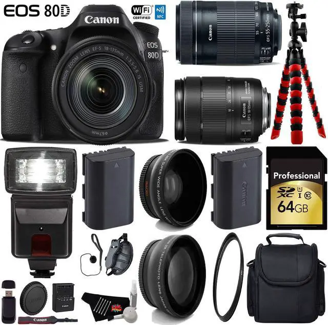 Main image of Canon EOS 80D DSLR Camera with 18-135mm is STM Lens & 55-250mm is STM Lens + Tripod + Flash + UV FLD CPL Filter Kit + Wide Angle & Telephoto Lens + Case + Card Reader - Intl Model