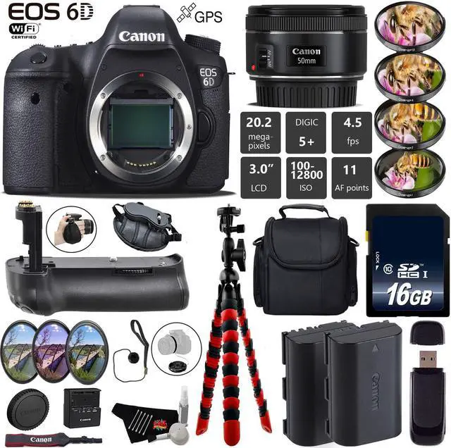 Main image of Canon EOS 6D DSLR Camera with 50mm f/1.8 STM Lens + Tripod + Professional Battery Grip + 4PC Macro Filter Kit + LED Kit + Extra Battery + Case + Wrist Strap + Card Reader - Intl Model