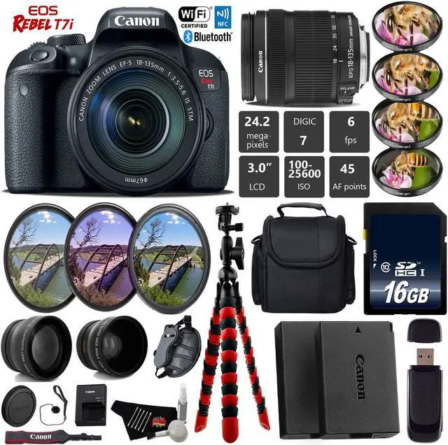 Main image of Canon EOS Rebel T7i DSLR Camera with 18-135mm IS STM Lens + Tripod + UV FLD CPL Filter Kit + 4 PC Macro Kit + Wide Angle & Telephoto Lens + Camera Case + Card Reader - Intl Model