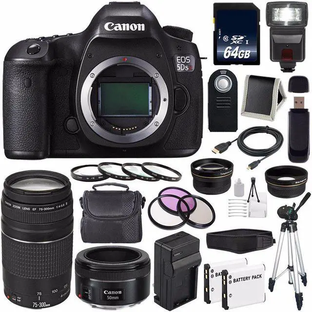 Main image of Canon EOS 5DS R DSLR Camera (International Model) 0582C002 + Canon EF 75-300 III+ EF 50mm f/1.8 STM Lens + LP-E6 Replacement Battery + Charger + 64GB SDXC Card Bundle