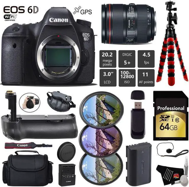 Main image of Canon EOS 6D DSLR Camera with 24-105mm f/4L II Lens + Professional Battery Grip + UV FLD CPL Filter Kit + Case + Wrist Strap + Tripod + Card Reader - Intl Model