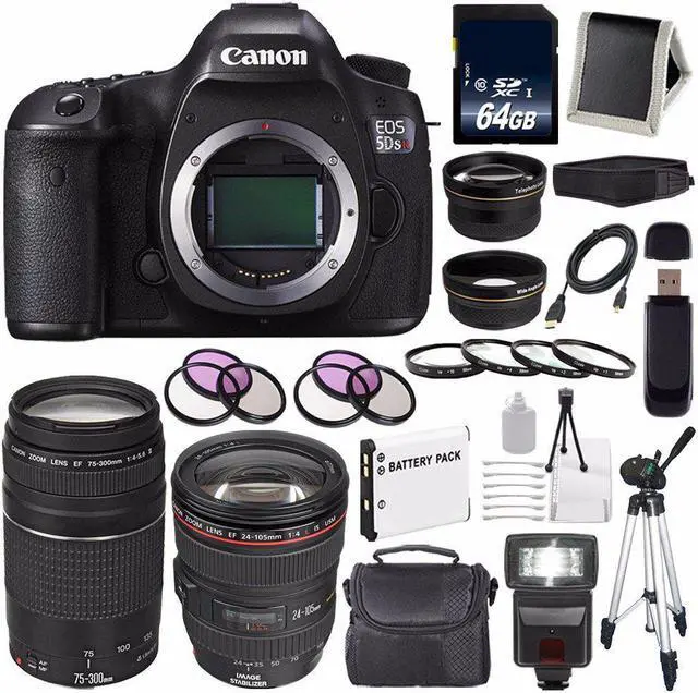Main image of Canon EOS 5DS R DSLR Camera (International Model) 0582C002 + Canon EF 24-105mm f/4L is USM Lens + Canon EF 75-300 III+ LP-E6 Replacement Battery + 64GB SDXC Card Bundle