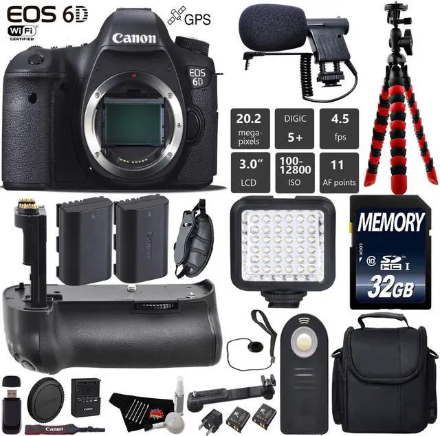 Main image of Canon EOS 6D DSLR Camera (Body Only) + Wrist Strap + Professional Battery Grip + Condenser Microphone + LED Kit + Extra Battery + Case + Tripod + Card Reader