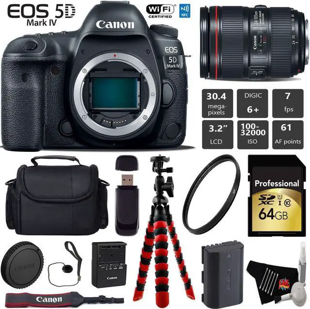 Main image of Canon EOS 5D Mark IV DSLR Camera with 24-105mm f/4L II Lens + Wireless Remote + UV Protection Filter + Case + Wrist Strap + Tripod + Card Reader - Intl Model