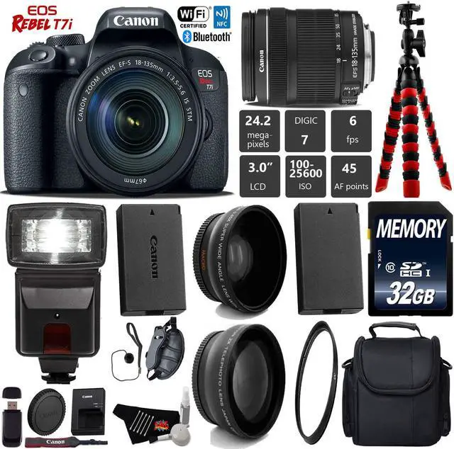 Main image of Canon EOS Rebel T7i DSLR Camera with 18-135mm IS STM Lens + Camera Case + Flash + UV FLD CPL Filter Kit + Wide Angle & Telephoto Lens + Tripod + Card Reader - Intl Model