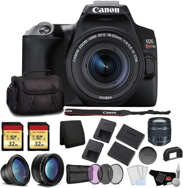 Main image of Canon EOS Rebel SL3 DSLR Camera with 18-55mm Lens (Black) Bundle with 2x32GB Memory Card + Battery for CanonLPE17 + LCD Screen Protectors + Wide Angle Lens + 2x Telephoto Lens and MORE