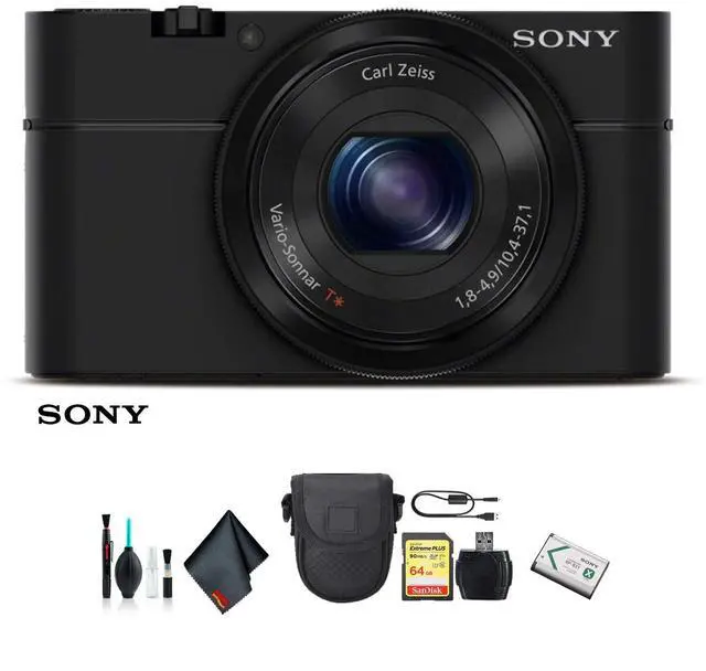 Main image of Sony Cyber-shot DSC-RX100 Camera DSCRX100/B With Soft Bag, 64GB Memory Card, Card Reader , Plus Essential Accessories