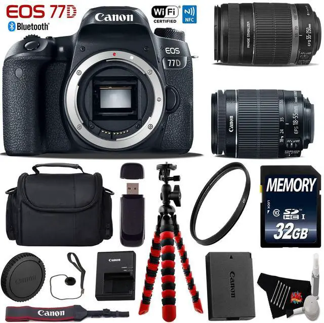 Main image of Canon EOS 77D DSLR Camera with 18-55mm is STM Lens & 55-250mm is II Lens + UV Protection Filter + Flexible Tripod + Professional Case + Card Reader - Intl Model