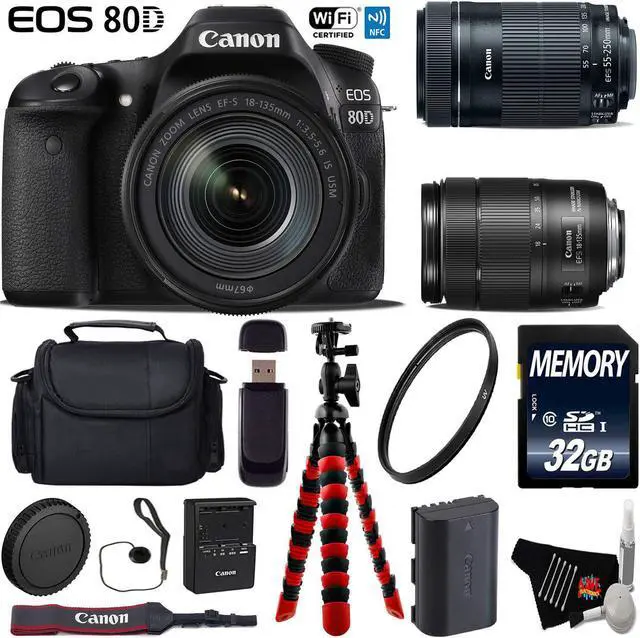 Main image of Canon EOS 80D DSLR Camera with 18-135mm is STM Lens & 55-250mm is STM Lens + UV Protection Filter + Flexible Tripod + Professional Case + Card Reader - Intl Model