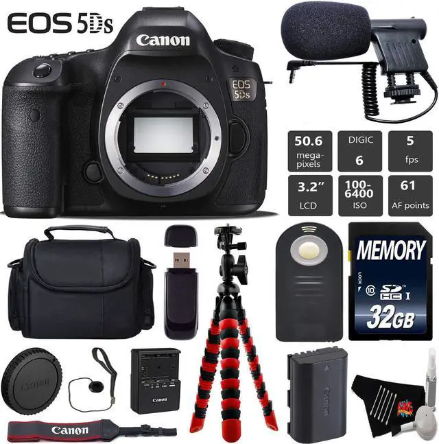 Main image of Canon EOS 5DS DSLR Camera (Body Only) + Wireless Remote + Condenser Microphone + Case + 32GB Memory Card + Tripod + Card Reader Bundle - Intl Model