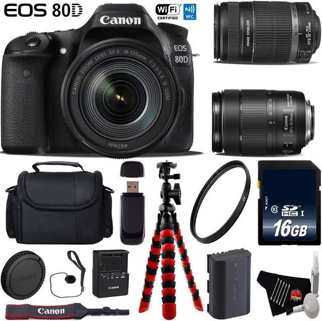 Main image of Canon EOS 80D DSLR Camera with 18-135mm is STM Lens & 55-250mm is II Lens + Flexible Tripod + UV Protection Filter + Professional Case + Card Reader - Intl Model