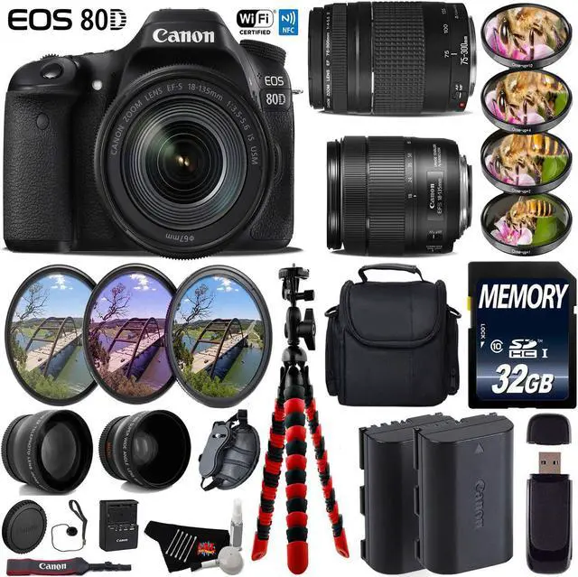 Main image of Canon EOS 80D DSLR Camera & 18-135mm is STM Lens & 75-300mm III Lens + Wide Angle & Telephoto Lens + Case + UV FLD CPL Filter Kit + 4 PC Macro Kit + Tripod + Card Reader - Intl Model