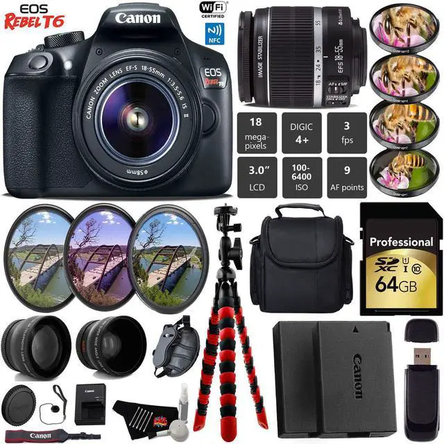 Main image of Canon EOS Rebel T6 DSLR Camera with 18-55mm IS II Lens + UV FLD CPL Filter Kit + Wide Angle & Telephoto Lens + 4 PC Macro Kit + Camera Case + Tripod + Card Reader + Bundle (Intl Model)