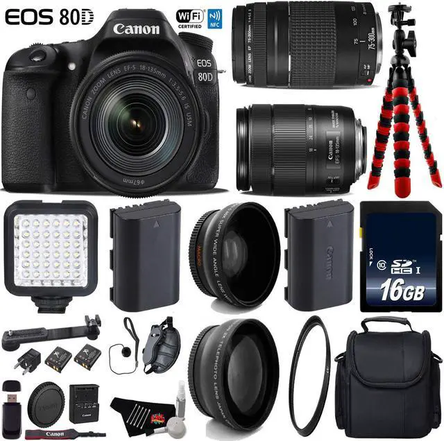 Main image of Canon EOS 80D DSLR Camera with 18-135mm is STM Lens & 75-300mm III Lens + LED + UV FLD CPL Filter Kit + Wide Angle & Telephoto Lens + Camera Case + Tripod + Card Reader - Intl Model