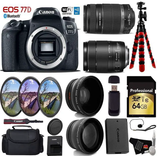 Main image of Canon EOS 77D DSLR Camera with 18-135mm is STM Lens & 55-250mm is II Lens + Tripod + UV FLD CPL Filter Kit + Wide Angle & Telephoto Lens + Camera Case + Card Reader - Intl Model
