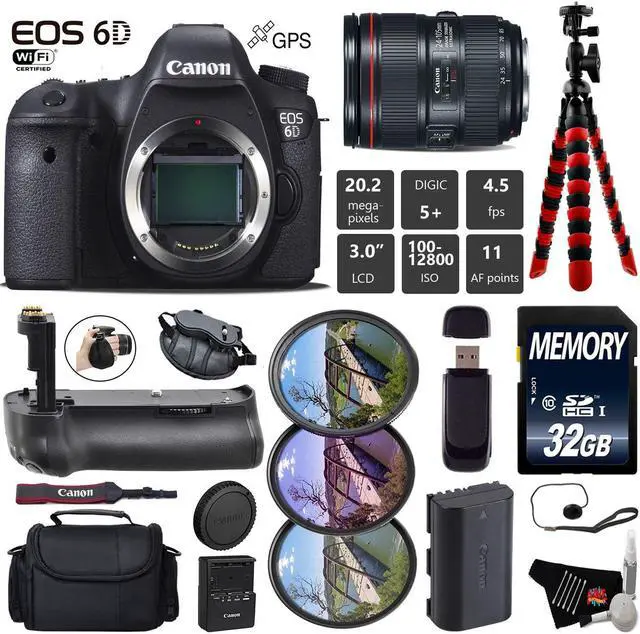 Main image of Canon EOS 6D DSLR Camera with 24-105mm f/4L II Lens + Professional Battery Grip + Wrist Strap + UV FLD CPL Filter Kit + Case + Tripod + Card Reader - Intl Model