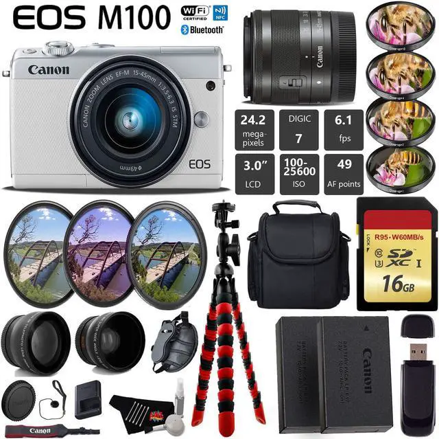 Main image of Canon EOS M100 Mirrorless Digital Camera (White) with 15-45mm Lens + UV FLD CPL Filter Kit + 4 PC Macro Kit + Wide Angle & Telephoto Lens + Camera Case + Tripod + Card Reader - International Version