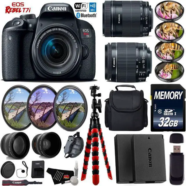 Main image of Canon EOS Rebel T7i DSLR Camera + 18-55mm IS STM Lens & 55-250mm IS STM Lens + Wide Angle & Telephoto Lens + Case + UV FLD CPL Filter Kit + 4 PC Macro Kit + Tripod + Card Reader- Intl Model