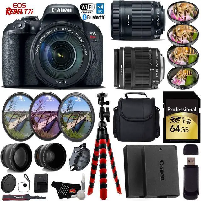 Main image of Canon EOS Rebel T7i DSLR Camera + 18-135mm STM Lens & 55-250mm IS STM Lens + UV FLD CPL Filter Kit + 4 PC Macro Kit + Wide Angle & Telephoto Lens + Case + Tripod + Card Reader- Intl Model