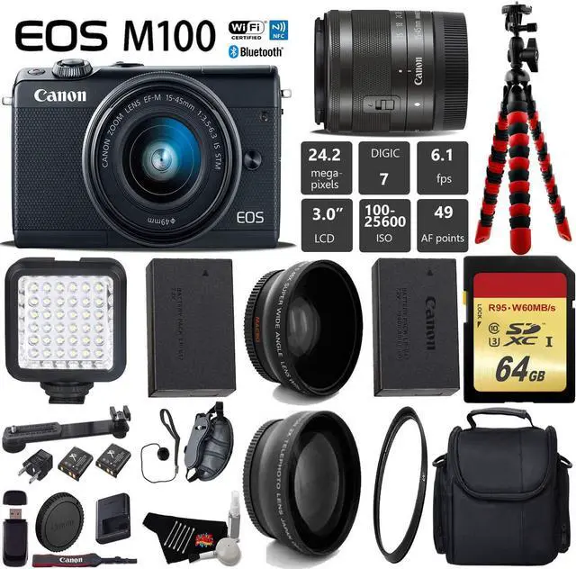 Main image of Canon EOS M100 Mirrorless Digital Camera (Black) with 15-45mm Lens + LED + UV FLD CPL Filter Kit + Wide Angle & Telephoto Lens + Camera Case + Tripod + Card Reader - International Version