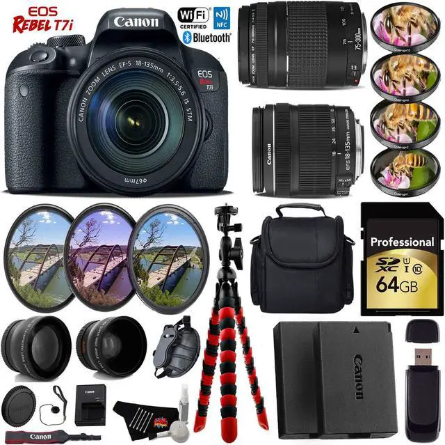 Main image of Canon EOS Rebel T7i DSLR Camera & 18-135mm IS STM Lens & 75-300mm III Lens + UV FLD CPL Filter Kit + 4 PC Macro Kit + Wide Angle & Telephoto Lens + Case + Tripod + Card Reader- Intl Model