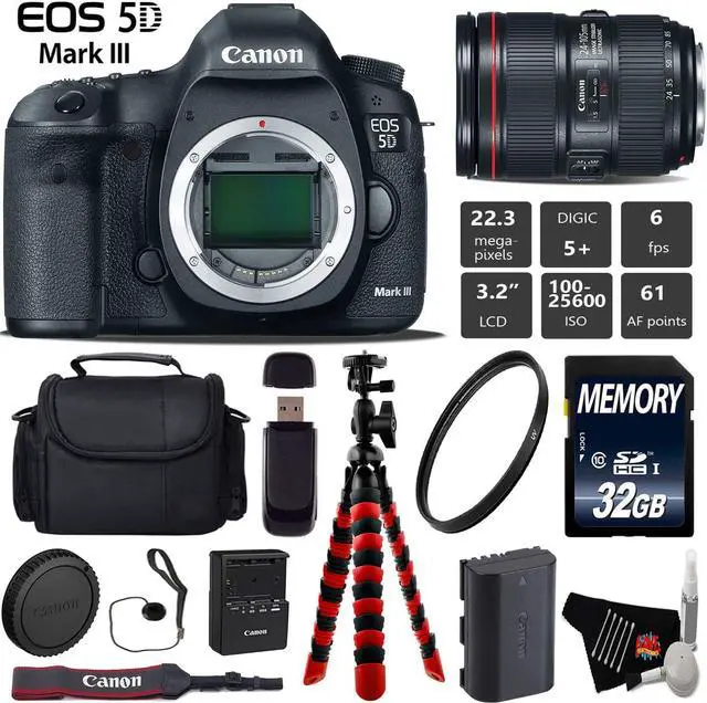 Main image of Canon EOS 5D Mark III DSLR Camera with 24-105mm f/4L II Lens + Wrist Strap + Wireless Remote + UV Protection Filter + Case + Tripod + Card Reader - Intl Model