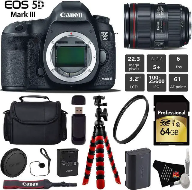 Main image of Canon EOS 5D Mark III DSLR Camera with 24-105mm f/4L II Lens + Wireless Remote + UV Protection Filter + Case + Wrist Strap + Tripod + Card Reader - Intl Model