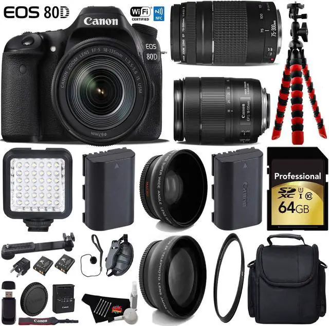 Main image of Canon EOS 80D DSLR Camera with 18-135mm is STM Lens & 75-300mm III Lens + Tripod + LED + UV FLD CPL Filter Kit + Wide Angle & Telephoto Lens + Camera Case + Card Reader - Intl Model
