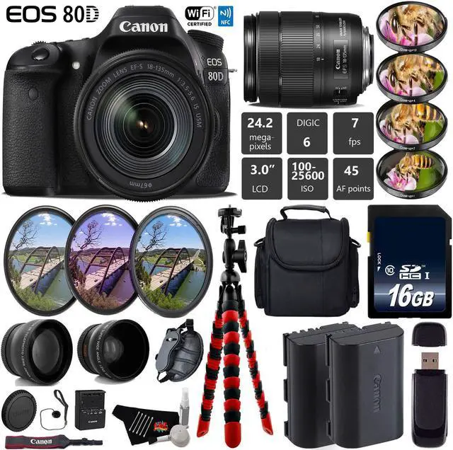 Main image of Canon EOS 80D DSLR Camera with 18-135mm is STM Lens + Tripod + UV FLD CPL Filter Kit + 4 PC Macro Kit + Wide Angle & Telephoto Lens + Camera Case + Card Reader - Intl Model