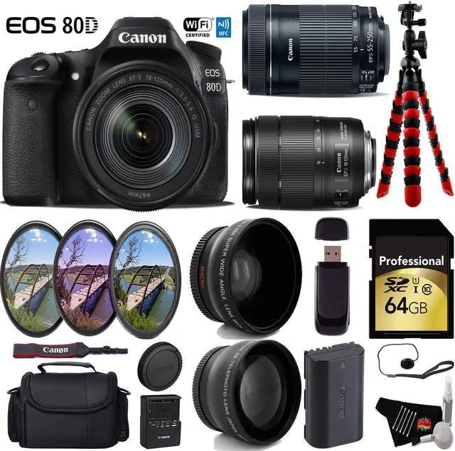 Main image of Canon EOS 80D DSLR Camera with 18-135mm is STM Lens & 55-250mm is STM Lens + Tripod + UV FLD CPL Filter Kit + Wide Angle & Telephoto Lens + Camera Case + Card Reader - Intl Model