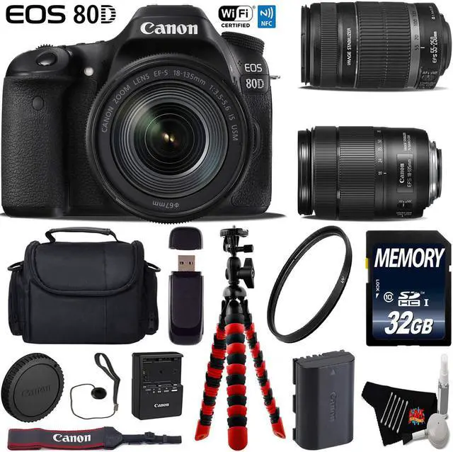 Main image of Canon EOS 80D DSLR Camera with 18-135mm is STM Lens & 55-250mm is II Lens + UV Protection Filter + Flexible Tripod + Professional Case + Card Reader - Intl Model
