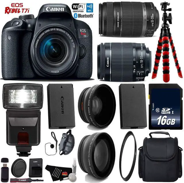 Main image of Canon EOS Rebel T7i DSLR Camera with 18-55mm IS STM Lens & 55-250mm IS II Lens + Tripod + Flash + UV FLD CPL Filter Kit + Wide Angle & Telephoto Lens + Camera Case + Card Reader- Intl Model