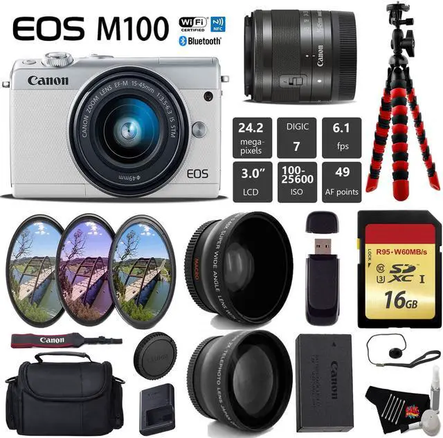 Main image of Canon EOS M100 Mirrorless Digital Camera (White) with 15-45mm Lens + UV FLD CPL Filter Kit + Wide Angle & Telephoto Lens + Camera Case + Tripod + Card Reader - International Version