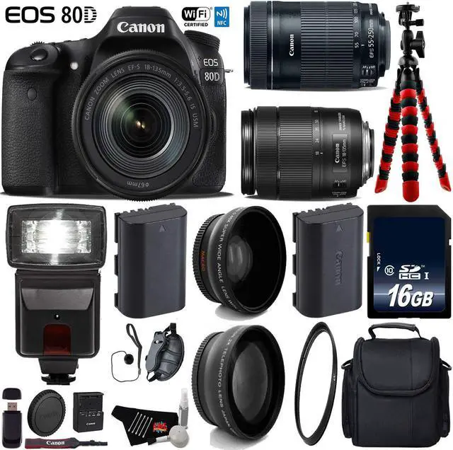 Main image of Canon EOS 80D DSLR Camera with 18-135mm is STM Lens & 55-250mm is STM Lens + Flash + UV FLD CPL Filter Kit + Wide Angle & Telephoto Lens + Case + Tripod + Card Reader - Intl Model