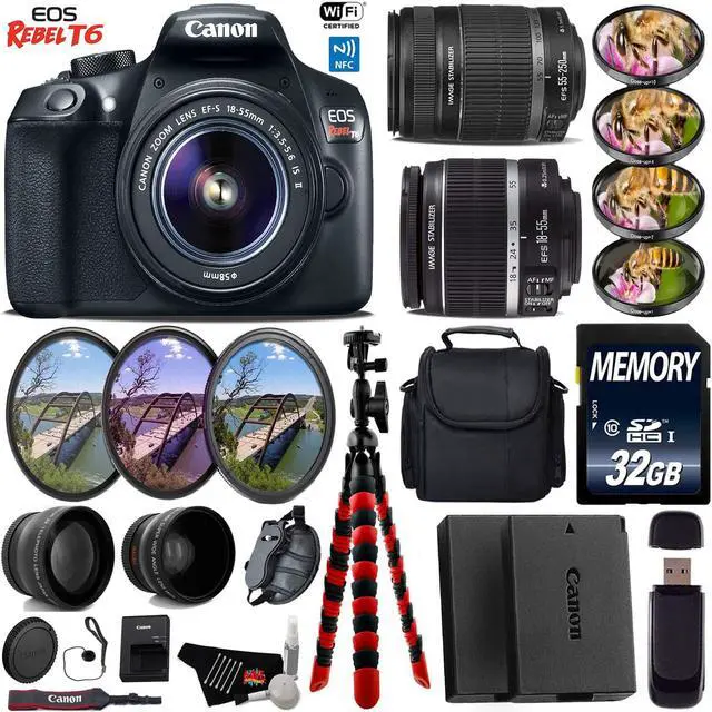 Main image of Canon EOS Rebel T6 DSLR Camera + 18-55mm IS Lens & 55-250mm IS II Lens + Wide Angle & Telephoto Lens + UV FLD CPL Filter Kit + 4 PC Macro Kit + Case + Tripod + Card Reader + Bundle (Intl Model)