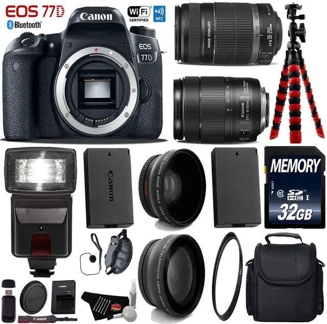 Main image of Canon EOS 77D DSLR Camera with 18-135mm is STM Lens & 55-250mm is II Lens + Case + Flash + UV FLD CPL Filter Kit + Wide Angle & Telephoto Lens + Tripod + Card Reader - Intl Model