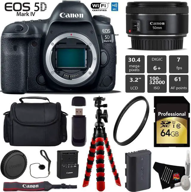 Main image of Canon EOS 5D Mark IV DSLR Camera with 50mm f/1.8 STM Lens + Wireless Remote + UV Protection Filter + Case + Wrist Strap + Tripod + Card Reader - Intl Model