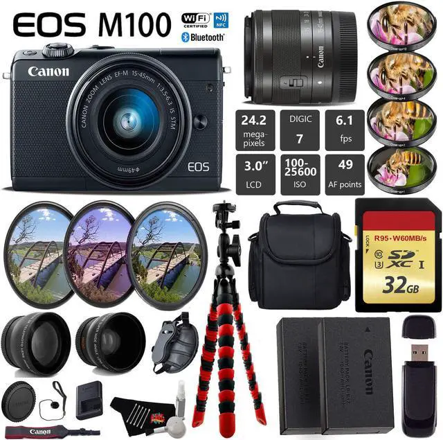 Main image of Canon EOS M100 Mirrorless Digital Camera (Black) with 15-45mm Lens + UV FLD CPL Filter Kit + 4 PC Macro Kit + Wide Angle & Telephoto Lens + Camera Case + Tripod + Card Reader - International Version