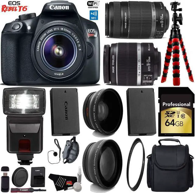 Main image of Canon EOS Rebel T6 DSLR Camera with 18-55mm IS Lens & 55-250mm IS II Lens + Flash + Wide Angle & Telephoto Lens + UV FLD CPL Filter Kit + Camera Case + Tripod + Card Reader + Bundle (Intl Model)