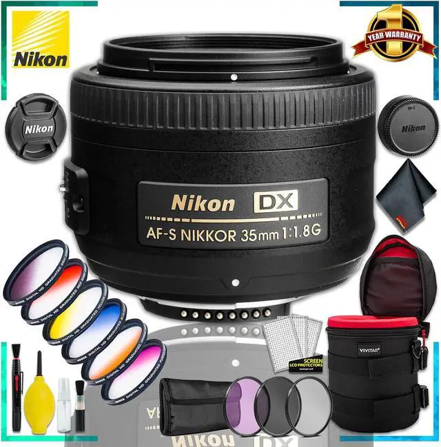 Main image of Nikon AF-S DX NIKKOR 35mm f/1.8G Lens + 4.5 inch Vivitar Premium Lens Case + Vivitar Graduated Color Filter Kit + 3pcs UV Lens Filter Kit + Cleaning Kit